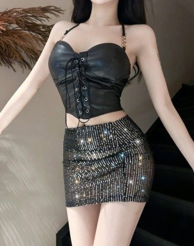 Real shot~Sequined see-through DJ sexy nightclub hot girl nightclub skirt women's four seasons style