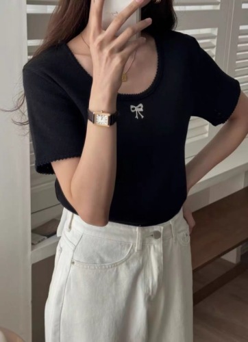 韩版冰丝针织衫女短袖薄款夏季新款蝴蝶结镂空设计感小众短款上衣