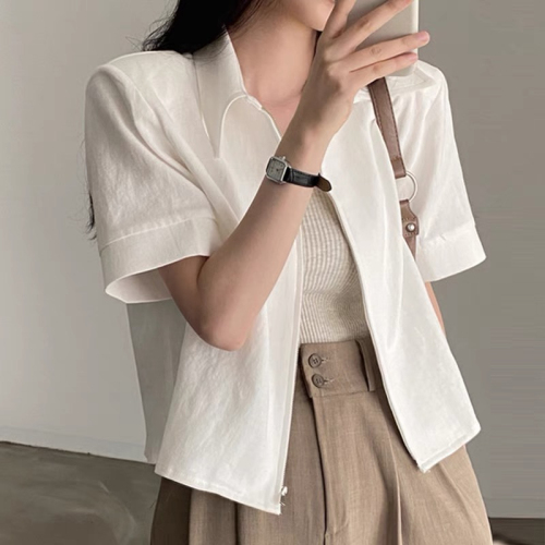 韩国chic夏季复古气质翻领垫肩设计宽松休闲百搭纯色短袖衬衫上衣