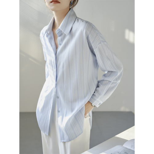 Striped shirt women's long-sleeved early autumn new green commuter OL temperament top loose anti-wrinkle shirt