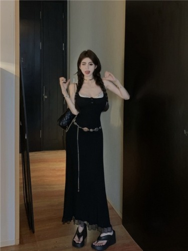 Real shot of fake two-piece black suspender summer waist slimming long skirt slim long skirt