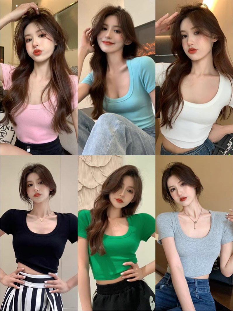 Photographed Summer Hot Girl Style Low U-Neck Bodycon Stretch Ribbed Cotton Short-Sleeve T-Shirt with Small Nipple Exposure Top
