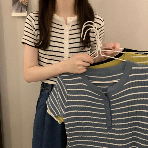 Summer new Korean style striped button-down bottoming slimming sweater 2-piece set