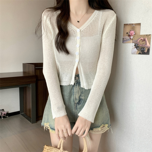 韩国chic夏季简约纯色设计感排扣v领薄款防晒针织开衫外套上衣女
