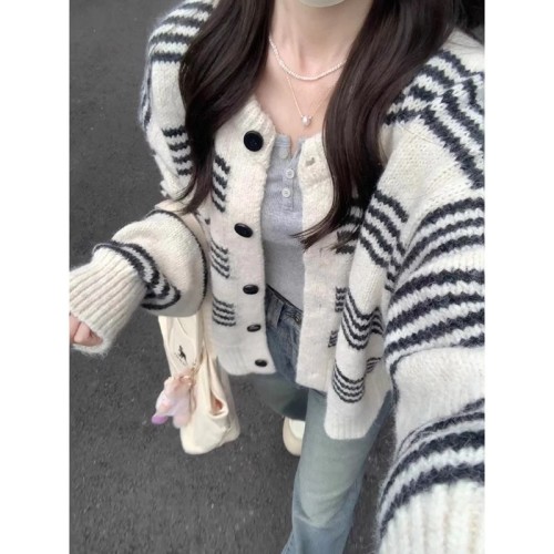 Languid Contrast Striped Crew Neck Cardigan for Women - Autumn/Winter New Arrival Loose Outerwear Soft Knit Cardigan