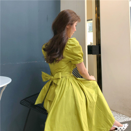 Actual shot~ Super fairy retro temperament French palace style puff sleeve short front and long back waist solid color dress