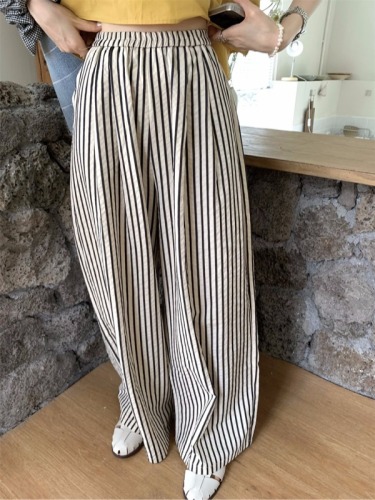 Actual shot of Korean chic back-tie sleeveless vest, versatile elastic striped pants suit