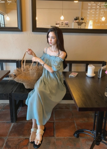 Actual shot~Resort style summer loose one-shoulder French long dress
