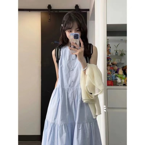 Korean summer new all-match blue sleeveless dress women's French round neck waist slimming holiday mid-length dress