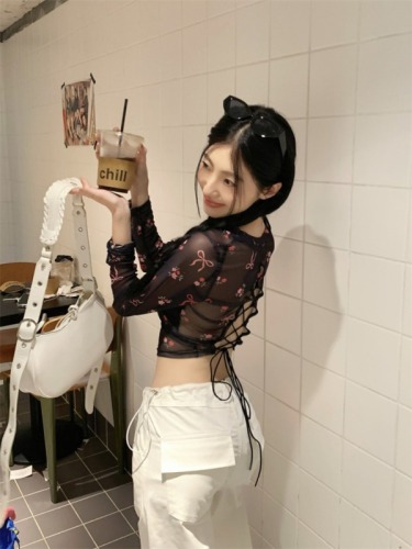 Real shot of bow mesh long-sleeved backless strappy summer slightly see-through hottie T-shirt