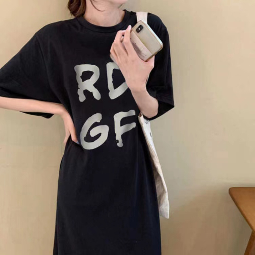 Summer new Korean fashion T-shirt women's printed slit dress loose plus size women's clothing