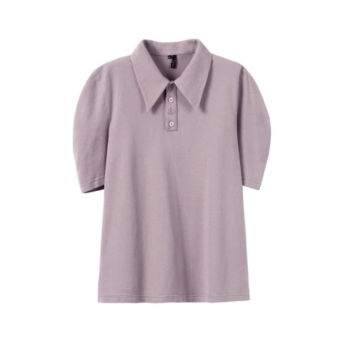 紫色短袖polo衫t恤女2024春夏新款小个子复古宽松显瘦泡泡袖上衣