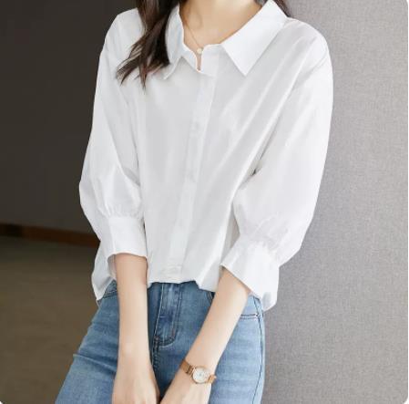 Combed cotton white shirt women's three-quarter sleeve spring Korean style lantern sleeve design top loose cotton shirt