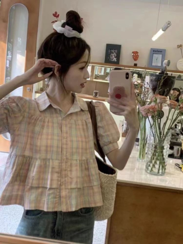 2024 Korean version of the new summer petite sweet niche puff sleeves sweet loose doll collar plaid shirt