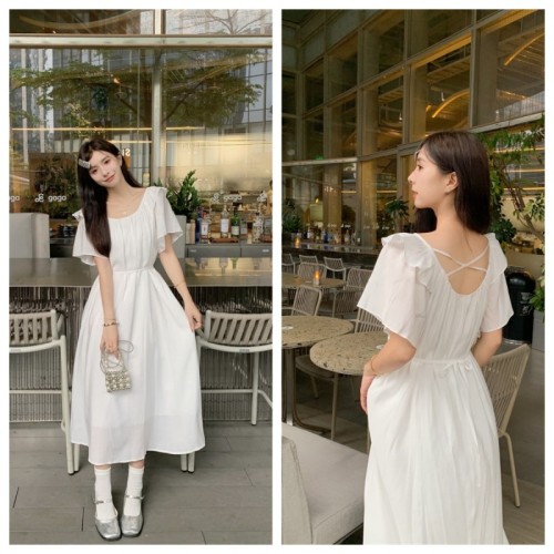 66148 Real shot of summer French simple one-line neckline off-shoulder two-wear design lace-up waist dress for women