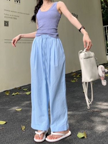 Real shot of elastic waist striped casual pants, thin style, lazy style, loose and slim, wide-legged long pants