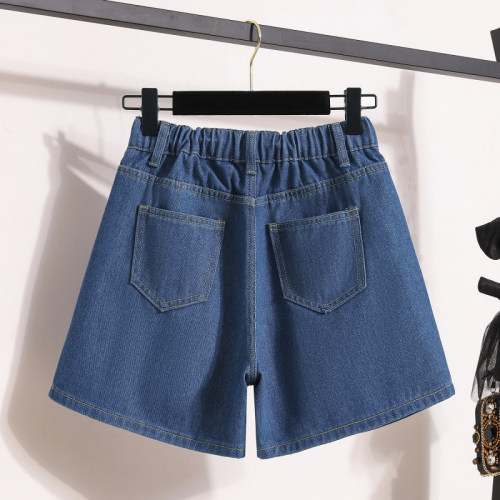 Actual shot of new summer large size A-line wide-leg denim shorts for fat girls, slimming, simple elastic waist, Korean style casual hot pants