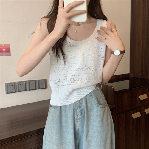 French hollow short sleeveless top summer camisole women's inner layering shirt loose lazy style outer wear