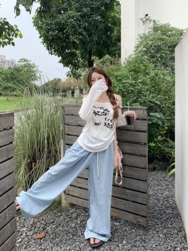 Real shot of loose spliced ​​striped wide-leg trousers for women summer casual vertical trousers