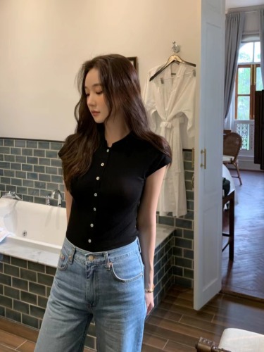 韩国chic夏季新款简约气质排单扣短袖T恤女修身显瘦上衣