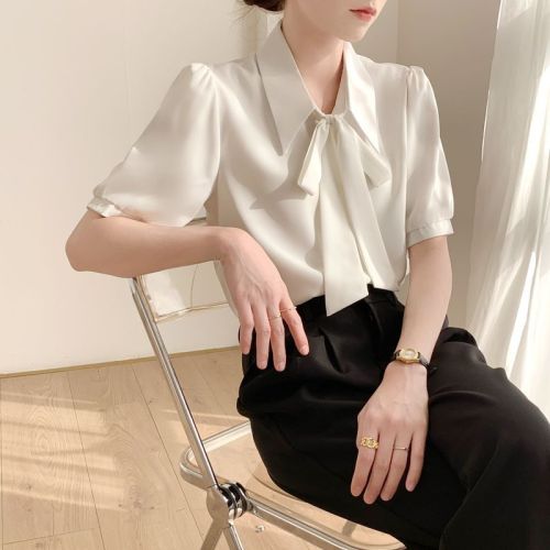Japanese lace-up white short-sleeved shirt for women summer new Korean style streamer bow versatile student cardigan top