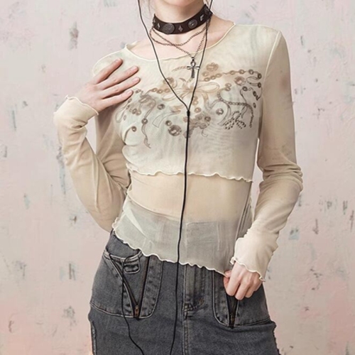 Original raw material Hot girl's fungus-edged mesh T-shirt women's thin 2024 spring new irregular design top