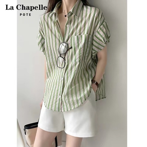 Spring and summer POLO collar short-sleeved simple loose trendy ins style striped drop shoulder sleeves slim shirt