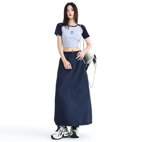 Actual shot of 2024 new summer style CLP sweet and spicy casual lazy elastic waist over-the-knee umbrella skirt drawstring loose A-line skirt for women