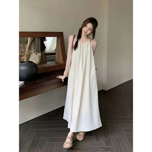 Summer solid color niche design sleeveless loose slim casual simple A-line halterneck elegant long skirt dress