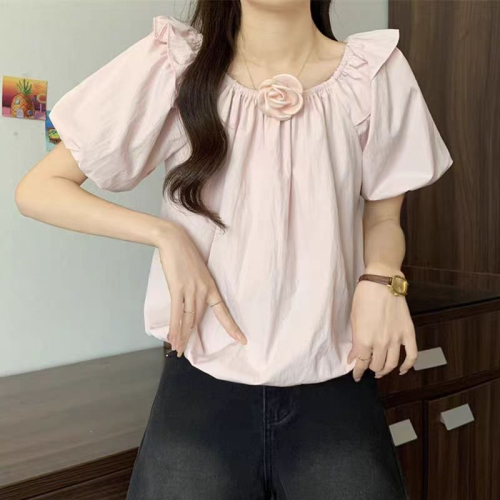 Official photo 2024 fashionable Korean style three-dimensional flower elastic one-shoulder tops for girls with age-reducing babydolls