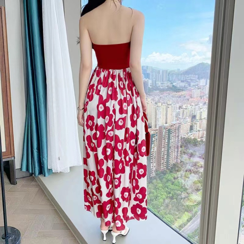 French summer new temperament sweet and spicy style beach seaside vacation super fairy tube top high waist long skirt printed dress