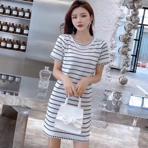 New summer women's loose mid-length hollow knitted dress striped ice silk bottoming shirt for women summer
