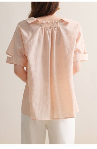 New design striped short-sleeved shirt for women, fashionable summer Korean style loose doll collar chiffon shirt