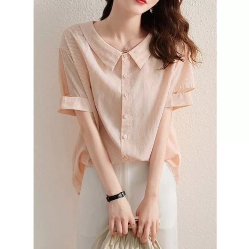 New design striped short-sleeved shirt for women, fashionable summer Korean style loose doll collar chiffon shirt