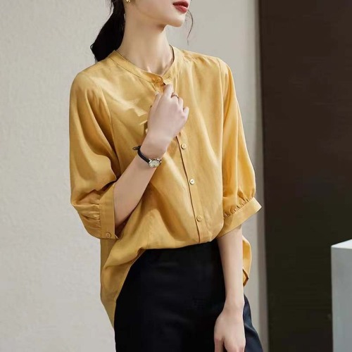 Three-quarter sleeve shirt, Korean style, summer style, loose, casual, versatile, slimming, simple mulberry silk round neck chiffon shirt