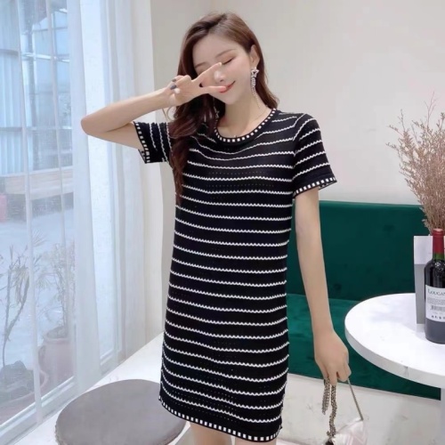 New summer women's loose mid-length hollow knitted dress striped ice silk bottoming shirt for women summer
