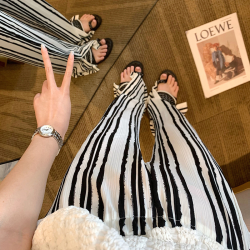 Black and white striped ice silk wide leg pants for women summer high waist drape straight casual pants floor mopping slit pants 200 pounds