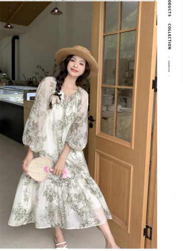 French retro floral dress summer women's 2024 new design loose and flesh-covering fashionable long A-line skirt