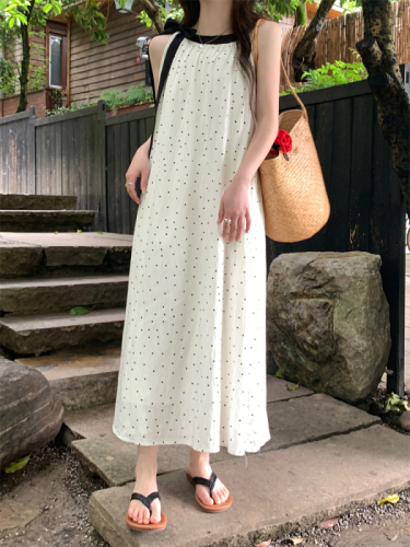Actual shot~French polka dot elegant design bow loose slimming dress