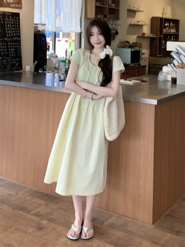 Real shot ~ French sweet first love fresh lace high-waist waist slimming short-sleeved dress