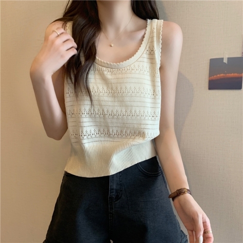 French hollow short sleeveless top summer camisole women's inner layering shirt loose lazy style outer wear