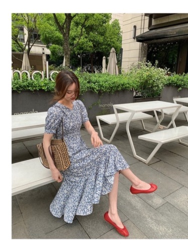 French puff short-sleeved floral dress, high-end 2024 new waist-cinching fishtail skirt, women's summer long dress