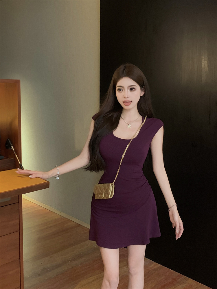Real shot of sexy hot girl U-neck short-sleeved dress summer female pure lust style A-line waist short skirt