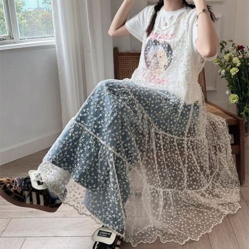 South Korea Dongdaemun 2024 summer cic sweet loose mesh lace see-through suspender dress 7526