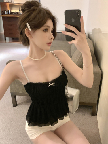 Actual shot of new summer women's sexy backless small bow decorated textured suspender top