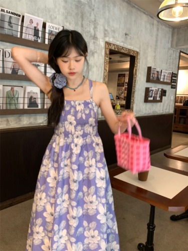 Actual shot~~Summer holiday style floral strappy hollow backless dress~