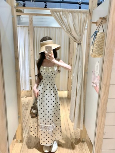 Real shot of polka-dot suspender dress for women, round neck, backless patchwork, waist slimming skirt