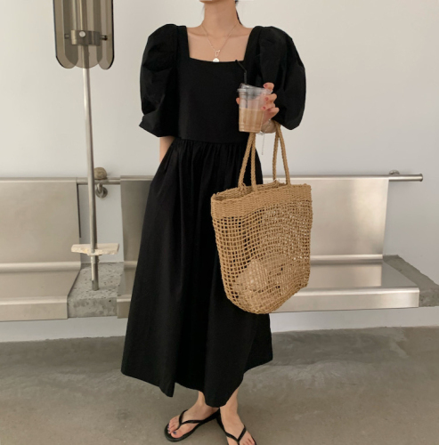 2024 Korean chic summer Dongdaemun new niche simple solid color square collar loose long dress for women