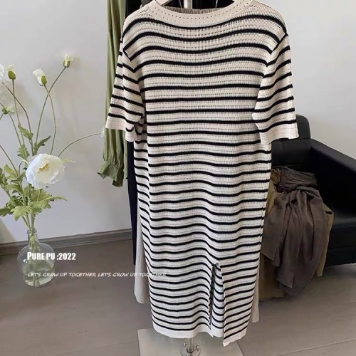 Designed hollow striped ice silk short-sleeved knitted dress for women in summer loose and slimming slit long skirt with lazy style