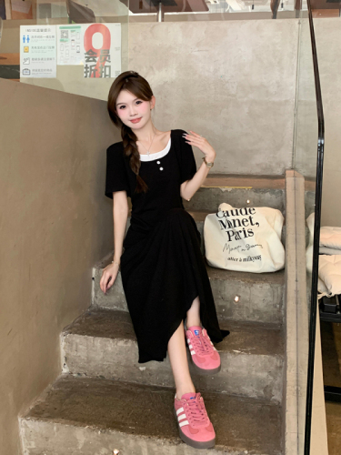 Actual shot Korean age-reducing holiday two-piece short-sleeved dress for women summer new slimming waist long skirt
